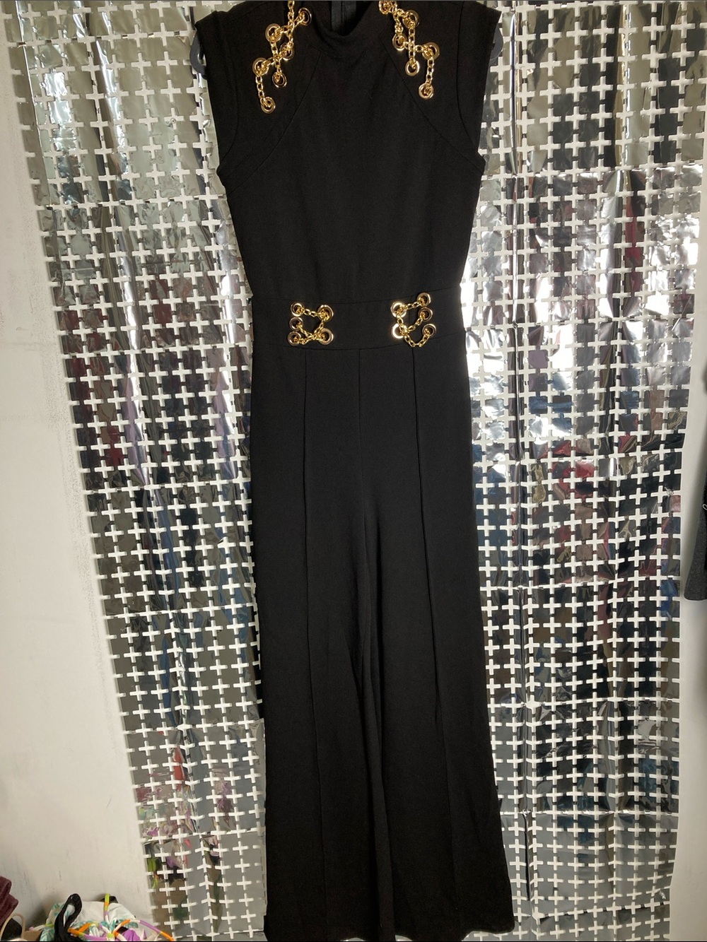 Fashion Nova Black Sleeveless Jumpsuit with Gold Chain Details